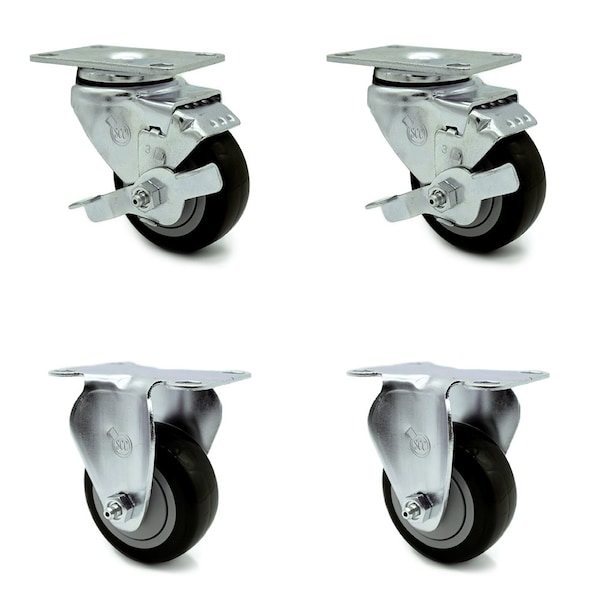 Service Caster 3.5 Inch Black Polyurethane Swivel Top Plate Caster Set with 2 Brake 2 Rigid SCC SCC-20S3514-PPUB-BLK-TLB-TP2-2-R-2 - main